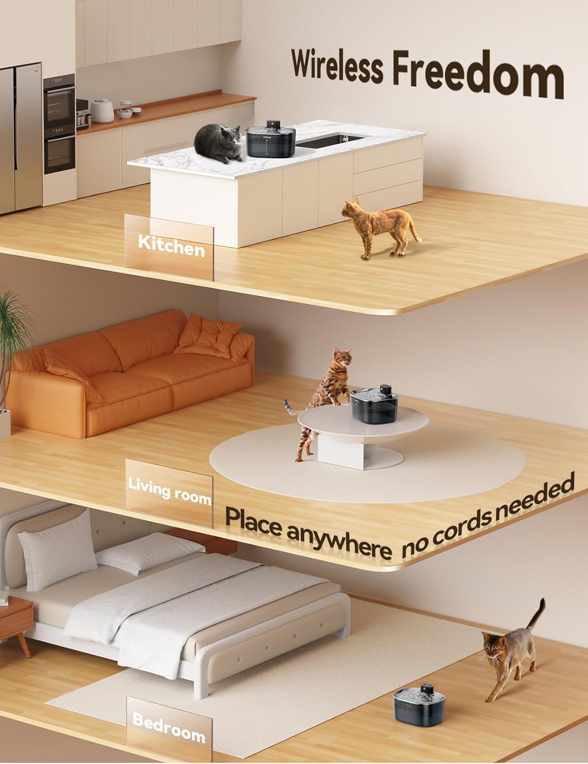 FEELNEEDY FN-W07 Wireless Cat Water Fountain, No Pump for Easy Cleaning, 4000mAh Detachable & Rechargeable Battery, Motion Sensor with Low Water & Power Alerts - Includes 6 Filters (4L/135oz)