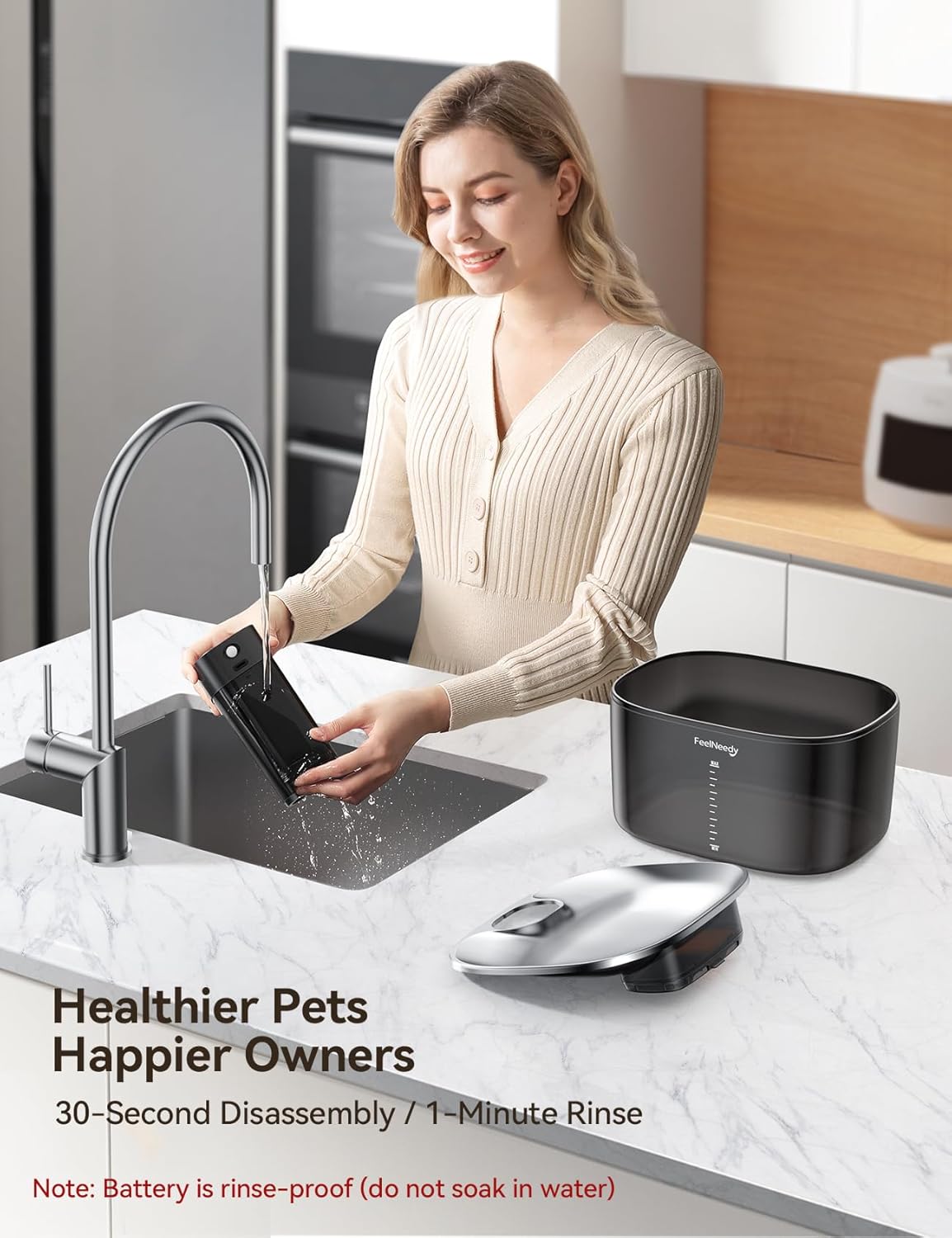 FEELNEEDY FN-W07 Wireless Cat Water Fountain, No Pump for Easy Cleaning, 4000mAh Detachable & Rechargeable Battery, Motion Sensor with Low Water & Power Alerts - Includes 6 Filters (4L/135oz)