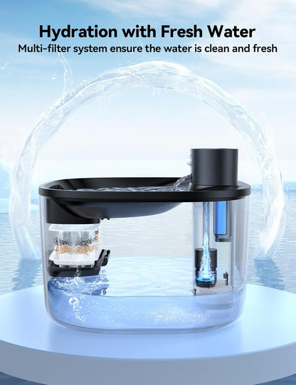 Wireless Cat Water Fountain, FEELNEEDY 4L/135 fl oz Battery Operated Pet Water Fountain for Cats Pump-Free Design, Motion Sensor Cat Drinking Fountain Ultra Quiet (Clear Black+6 Pack Filters,FN-W07)
