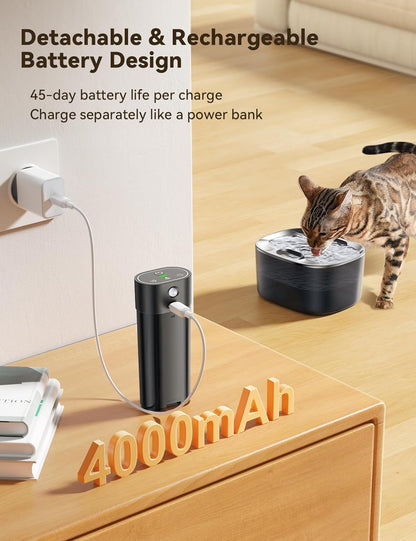 FEELNEEDY FN-W07 Wireless Cat Water Fountain, No Pump for Easy Cleaning, 4000mAh Detachable & Rechargeable Battery, Motion Sensor with Low Water & Power Alerts - Includes 6 Filters (4L/135oz)