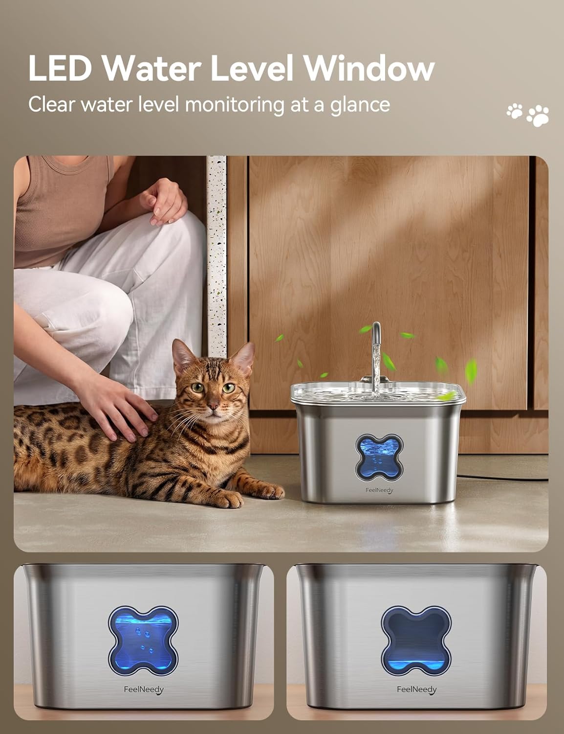 2.8L Cat Water Fountain for Drinking, FEELNEEDY UK W22X Stainless Steel Pet Water Fountain Cat Bowl with 3 Pack Filters, Visible Water Level, Dishwasher Safe