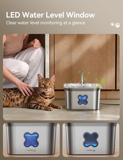 2.8L Cat Water Fountain for Drinking, FEELNEEDY UK W22X Stainless Steel Pet Water Fountain Cat Bowl with 3 Pack Filters, Visible Water Level, Dishwasher Safe