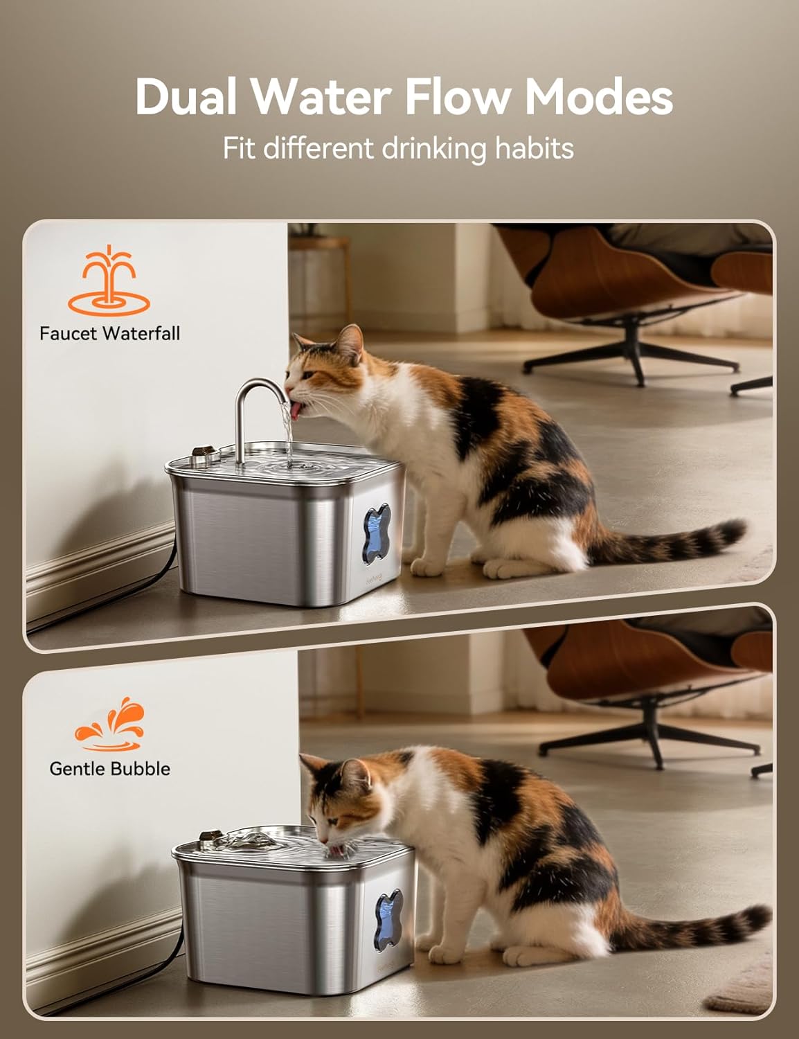 2.8L Cat Water Fountain for Drinking, FEELNEEDY UK W22X Stainless Steel Pet Water Fountain Cat Bowl with 3 Pack Filters, Visible Water Level, Dishwasher Safe