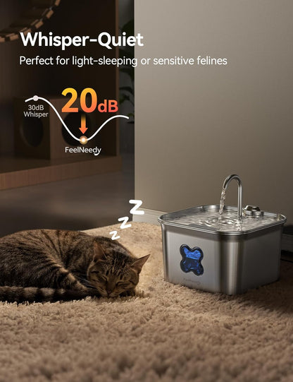 2.8L Cat Water Fountain for Drinking, FEELNEEDY UK W22X Stainless Steel Pet Water Fountain Cat Bowl with 3 Pack Filters, Visible Water Level, Dishwasher Safe