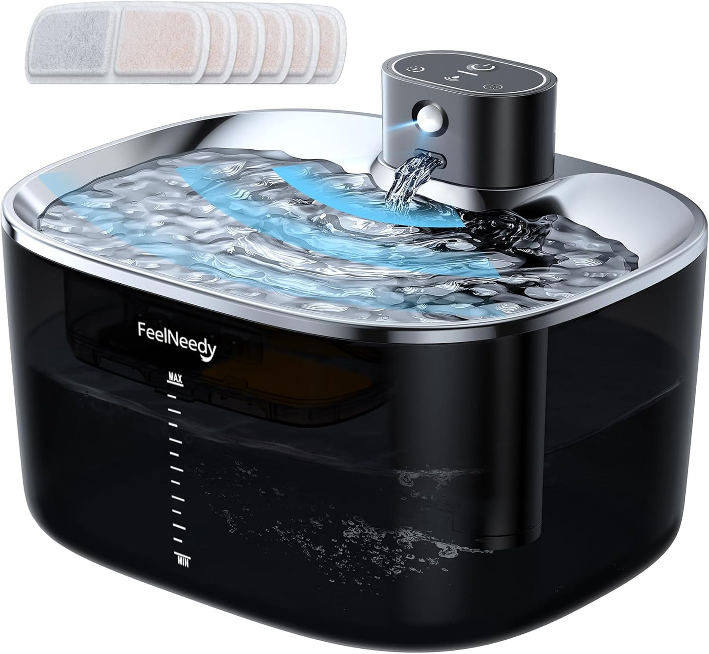 FEELNEEDY FN-W07 Wireless Cat Water Fountain, No Pump for Easy Cleaning, 4000mAh Detachable & Rechargeable Battery, Motion Sensor with Low Water & Power Alerts - Includes 6 Filters (4L/135oz)