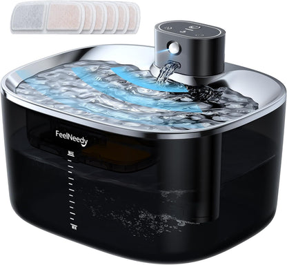 FEELNEEDY FN-W07 Wireless Cat Water Fountain, No Pump for Easy Cleaning, 4000mAh Detachable & Rechargeable Battery, Motion Sensor with Low Water & Power Alerts - Includes 6 Filters (4L/135oz)