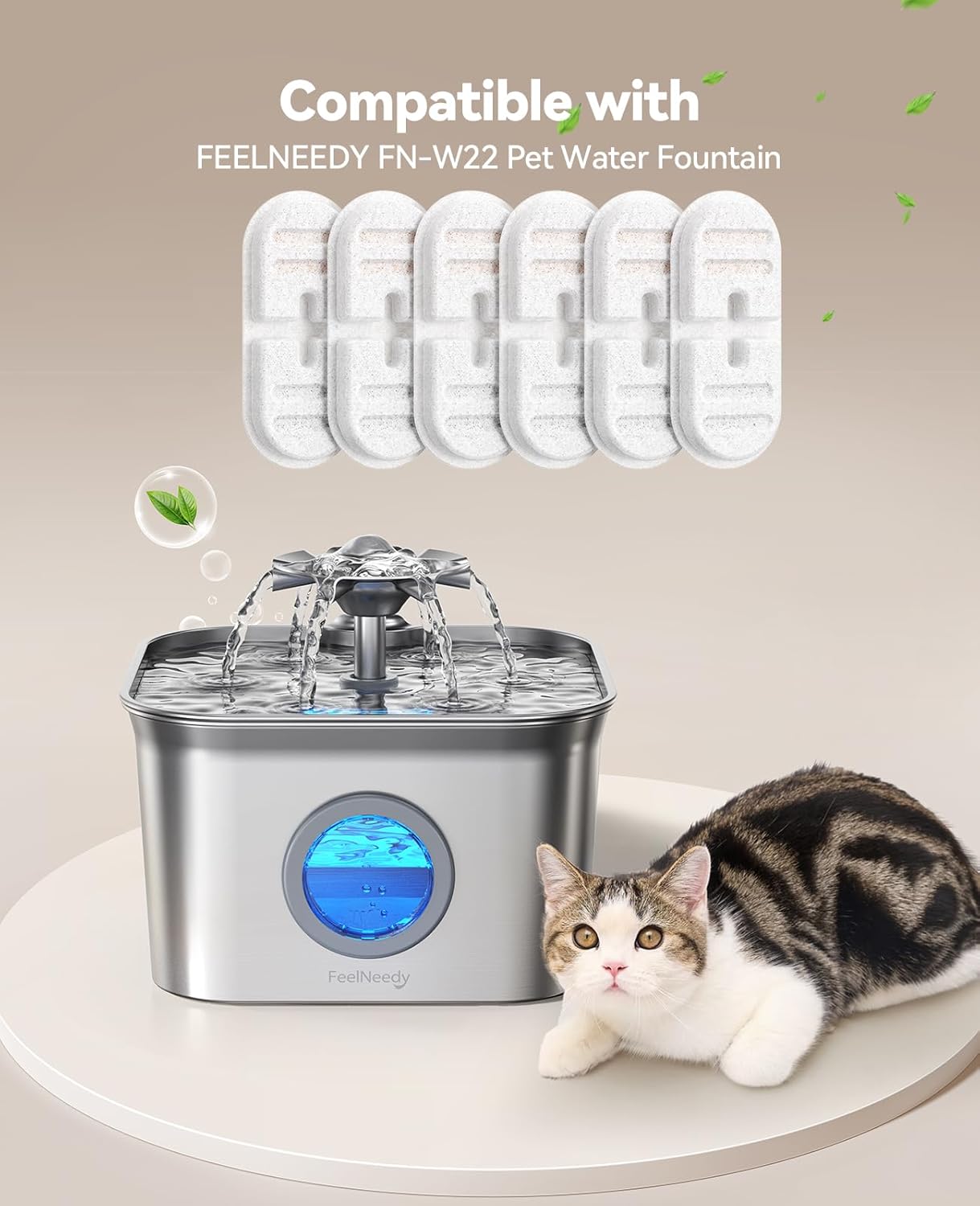 FEELNEEDY 6 Pack Replacement Filters + 6 Pump Sponges for Feelneedy Cat Water Fountain [FN-W22] - 99oz/2.8L Pet Water Fountain Filters