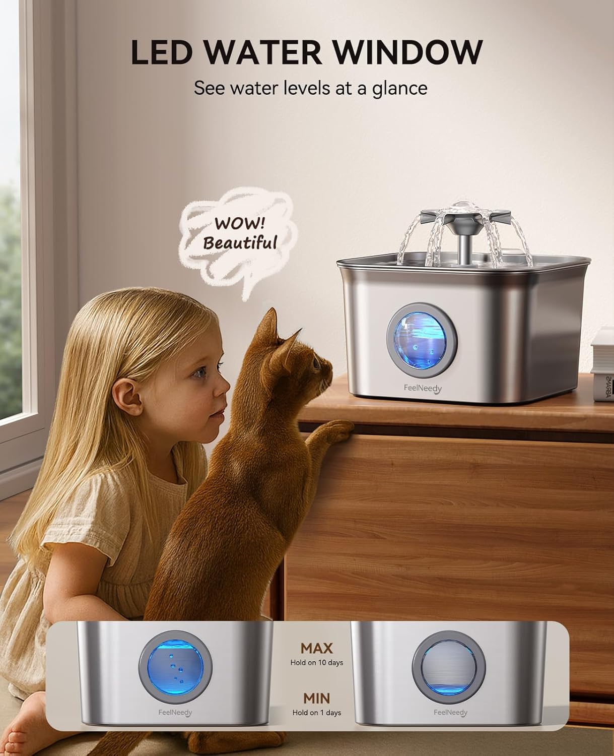 FEELNEEDY FN-W22 Stainless Steel Cat Water Fountain for Drinking,24/7 Circulation Filtration & LED Water Level Window& Dishwasher Safe