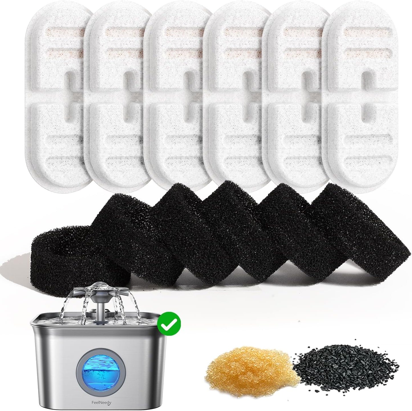 FEELNEEDY 6 Pack Replacement Filters + 6 Pump Sponges for Feelneedy Cat Water Fountain [FN-W22] - 99oz/2.8L Pet Water Fountain Filters