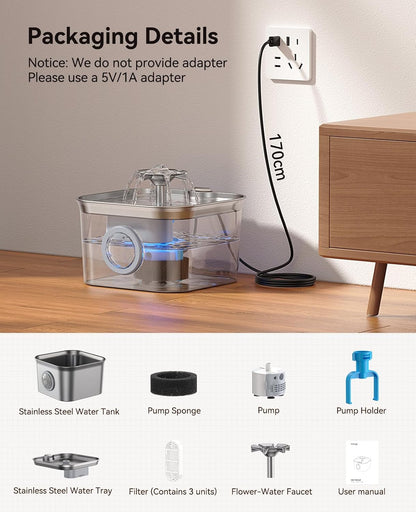 FEELNEEDY FN-W22 Stainless Steel Cat Water Fountain for Drinking,24/7 Circulation Filtration & LED Water Level Window& Dishwasher Safe