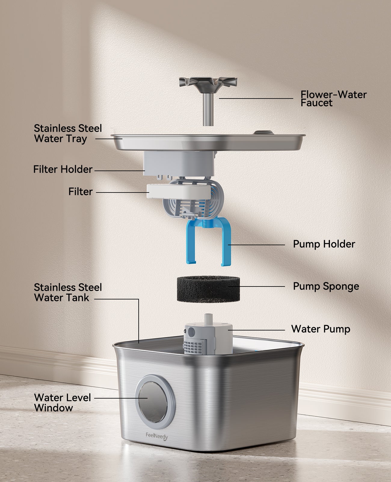 FEELNEEDY US FN-W22 Stainless Steel Cat Water Fountain, 99oz/2.8L Auto Pet Drinking Fountain with 20dB Ultra-Quiet Pump- Ideal for Timid Pets, LED Water Level Window, Dishwasher Safe, 24/7 Circulating Flow