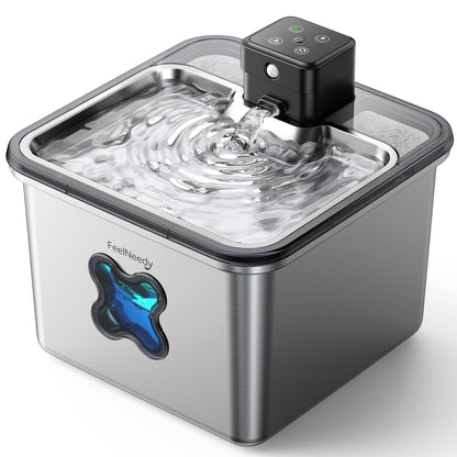 FEELNEEDY W17 Pet Water Fountain ,Stainless Steel, Visual Filter Automatic, Cordless Battery Operated 3.2L/108oz