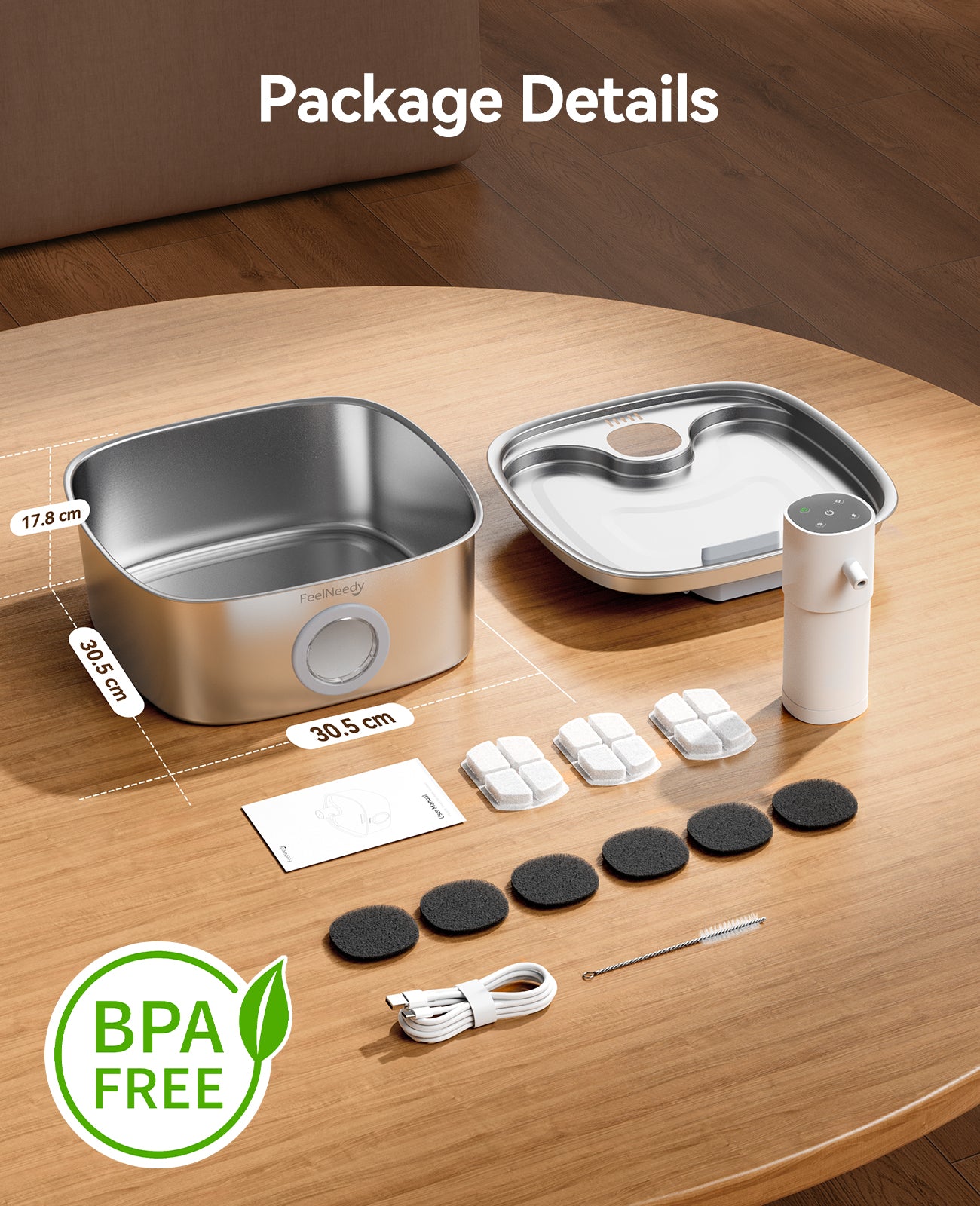 FEELNEEDY FN-W18 Cordless Pet Automatic Water Fountain, 5000mAh Battery, Stainless Steel, for Multi-Cats & Small-Medium Dogs, 8L, Easy to Clean