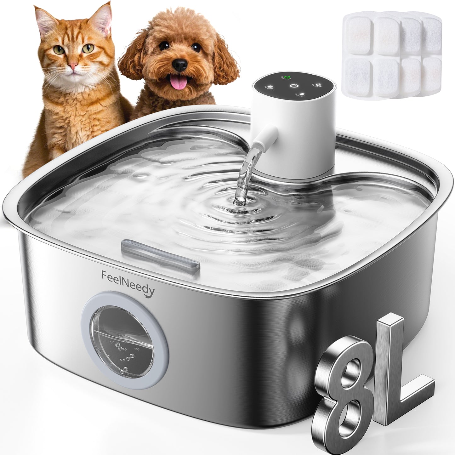 FEELNEEDY FN-W18 Cordless Pet Automatic Water Fountain, 5000mAh Battery, Stainless Steel, for Multi-Cats & Small-Medium Dogs, 8L, Easy to Clean