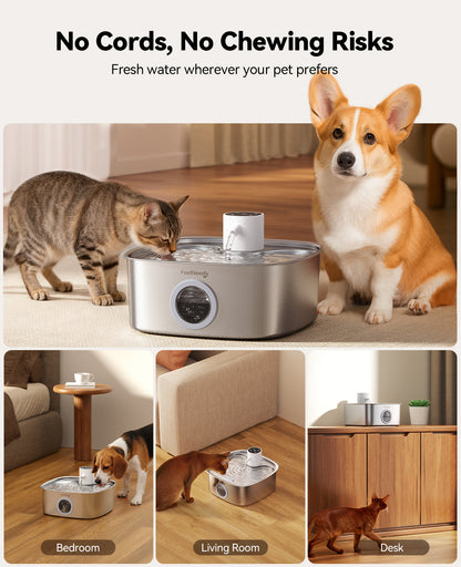 FEELNEEDY FN-W18 Cordless Pet Automatic Water Fountain, 5000mAh Battery, Stainless Steel, for Multi-Cats & Small-Medium Dogs, 8L, Easy to Clean