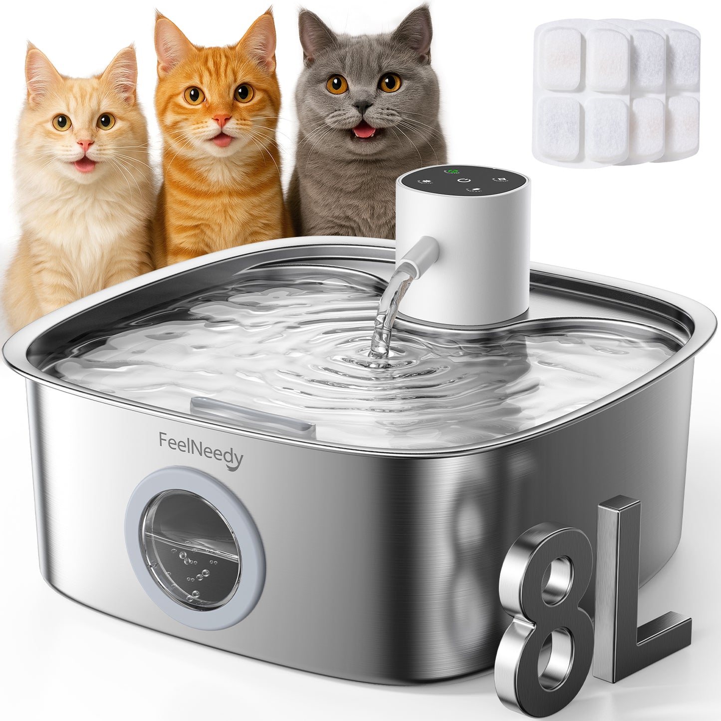 FEELNEEDY FN-W18 Cordless Pet Automatic Water Fountain, 5000mAh Battery, Stainless Steel, for Multi-Cats & Small-Medium Dogs, 8L, Easy to Clean
