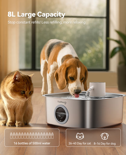FEELNEEDY FN-W18 Cordless Pet Automatic Water Fountain, 5000mAh Battery, Stainless Steel, for Multi-Cats & Small-Medium Dogs, 8L, Easy to Clean