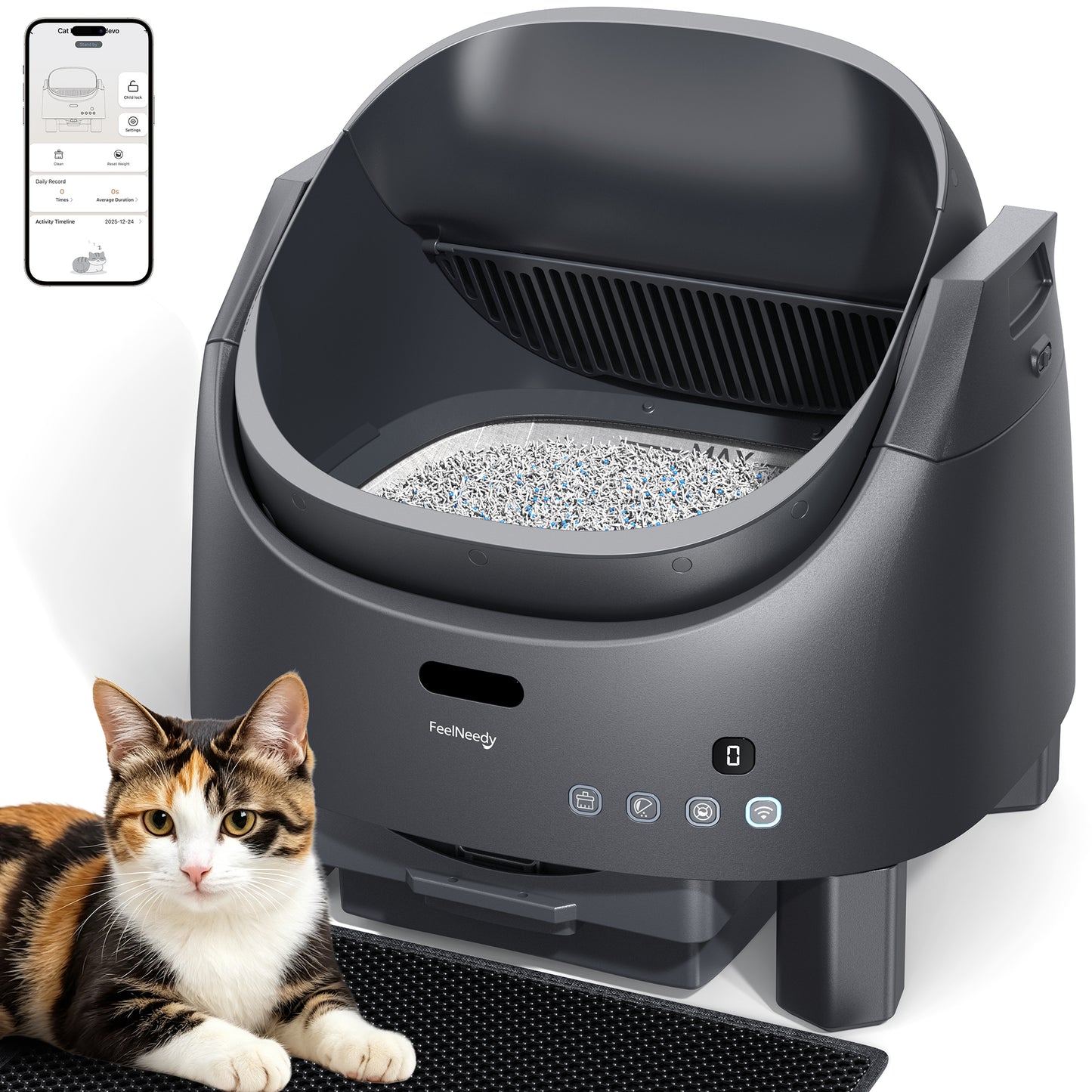 Automatic Litter Box Self Cleaning, FeelNeedy Open-Top Smart Cat Litter Box with App Control, Odor-Free Safety Sensor Design for 1-3 Cats, Includes Waste Bags
