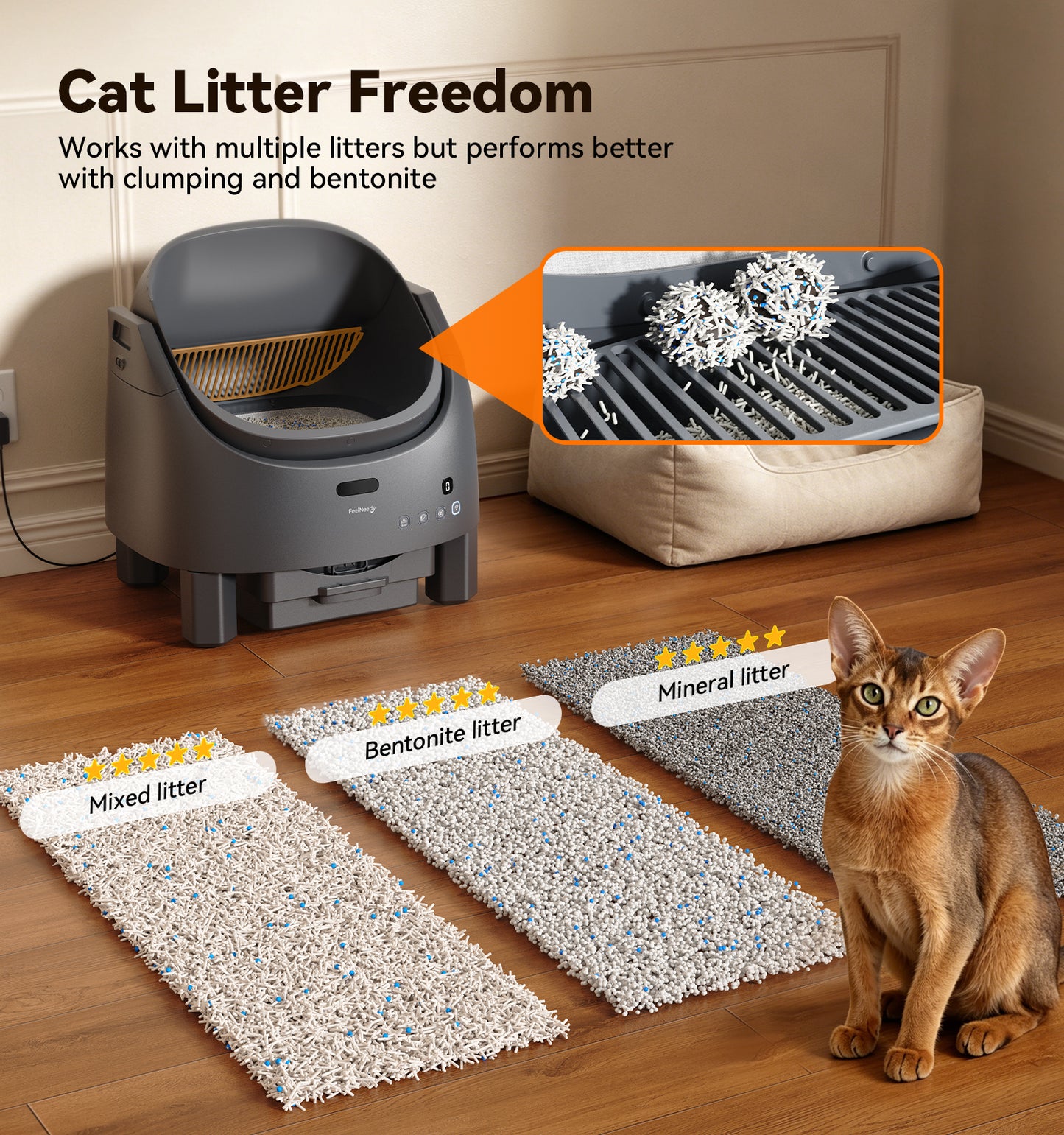 Automatic Litter Box Self Cleaning, FeelNeedy Open-Top Smart Cat Litter Box with App Control, Odor-Free Safety Sensor Design for 1-3 Cats, Includes Waste Bags