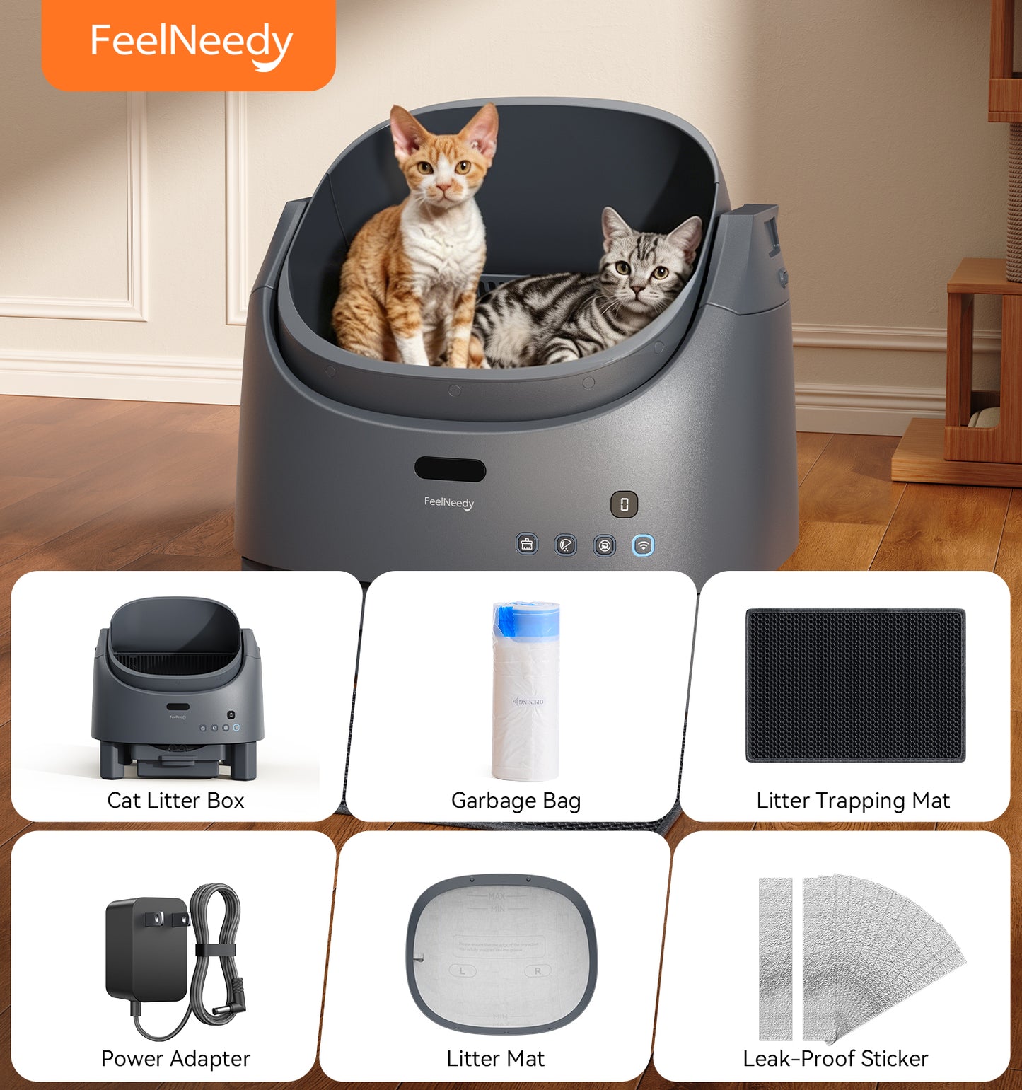 Automatic Litter Box Self Cleaning, FeelNeedy Open-Top Smart Cat Litter Box with App Control, Odor-Free Safety Sensor Design for 1-3 Cats, Includes Waste Bags