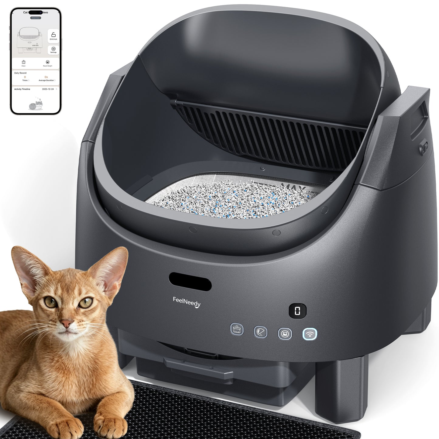 Automatic Litter Box Self Cleaning, FeelNeedy Open-Top Smart Cat Litter Box with App Control, Odor-Free Safety Sensor Design for 1-3 Cats, Includes Waste Bags