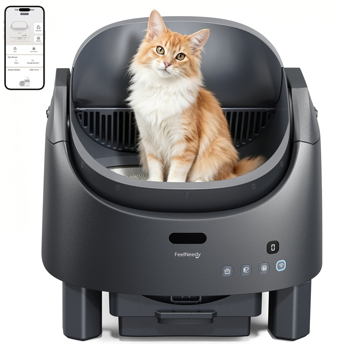 Automatic Litter Box Self Cleaning, FeelNeedy Open-Top Smart Cat Litter Box with App Control, Odor-Free Safety Sensor Design for 1-3 Cats, Includes Waste Bags