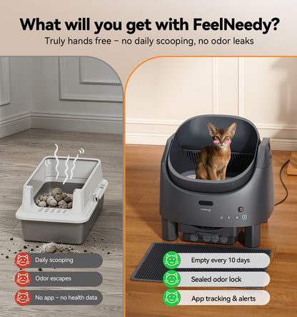 Automatic Litter Box Self Cleaning, FeelNeedy Open-Top Smart Cat Litter Box with App Control, Odor-Free Safety Sensor Design for 1-3 Cats, Includes Waste Bags
