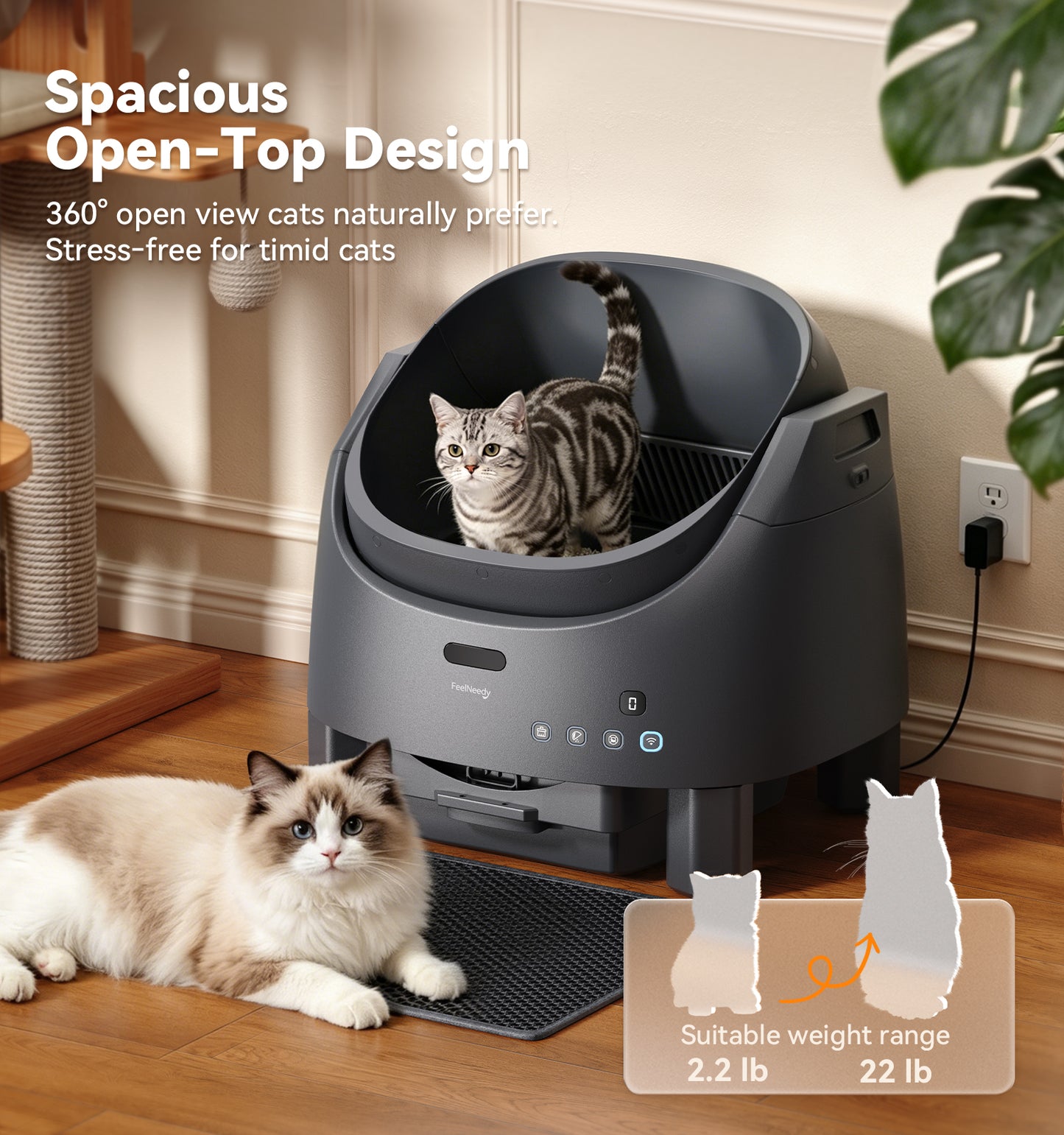 Automatic Litter Box Self Cleaning, FeelNeedy Open-Top Smart Cat Litter Box with App Control, Odor-Free Safety Sensor Design for 1-3 Cats, Includes Waste Bags