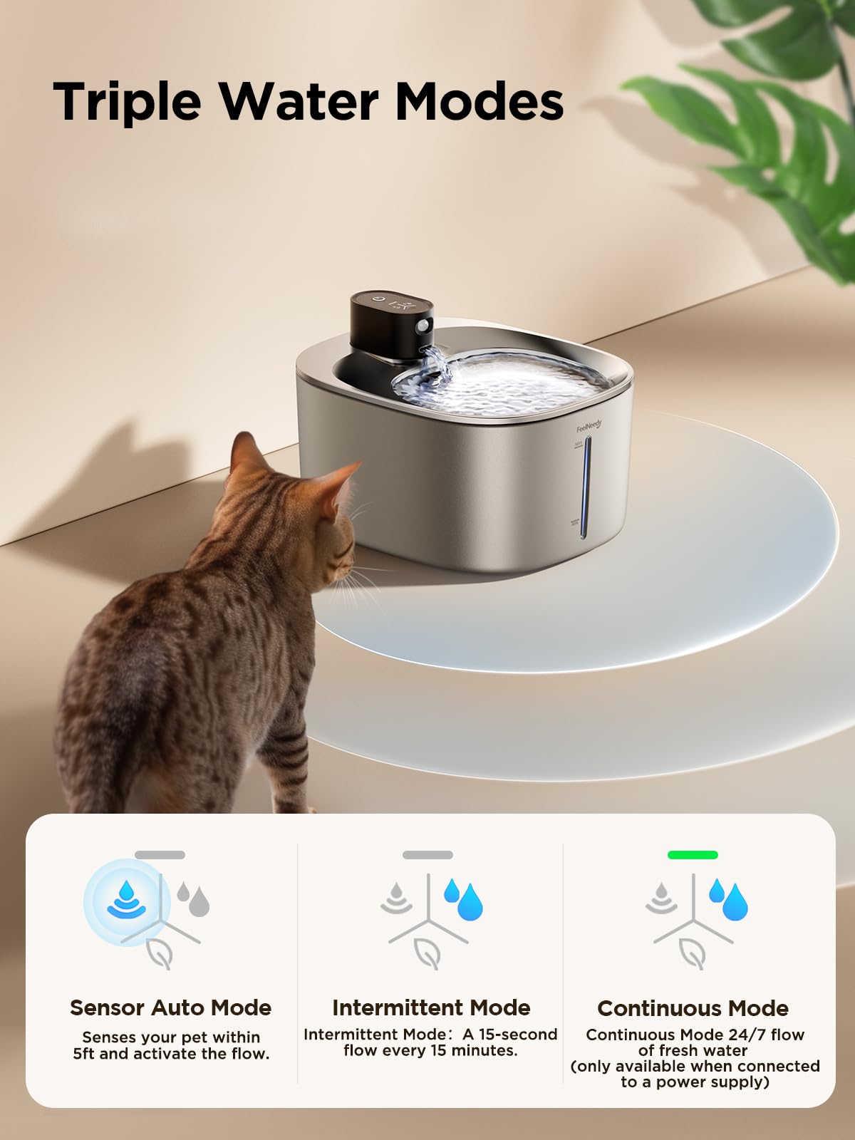 FEELNEEDY 4L Stainless Steel Cat Water Fountain Battery Operated