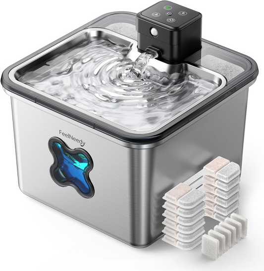 FEELNEEDY US FN-W17S Cat Water Fountain Wireless + 6 Filters: [Visual Filter] & [Heavy-Duty Stainless Steel] FEELNEEDY- Premium, 3.2L/108oz, 4000mAh Battery Operated Pet Fountain with Sensor, for Cats and Dogs